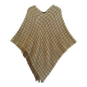 Simonetta Cozy Cream Brown Checkered Fringe Poncho